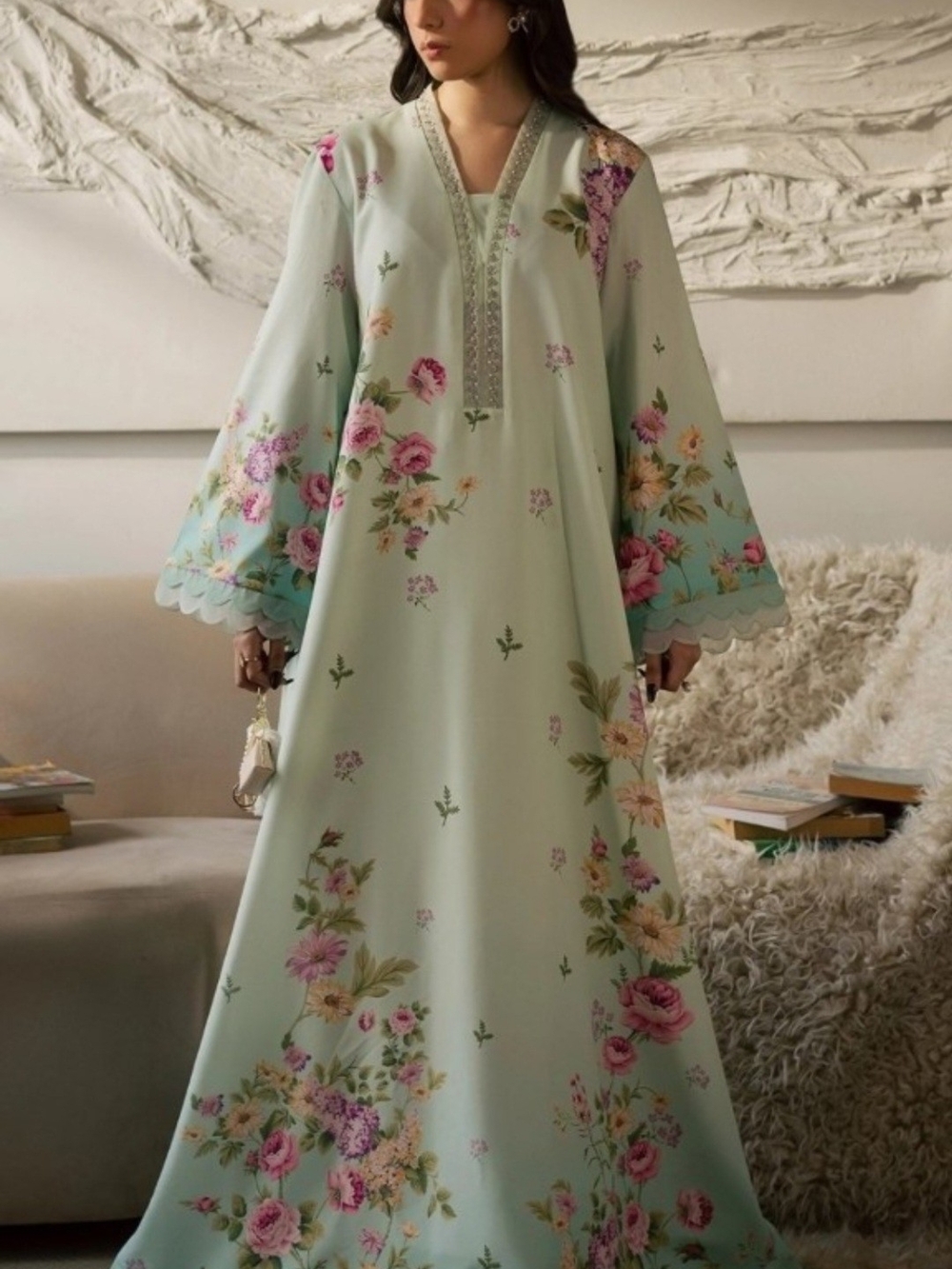Vanya New Mint Floral Maxi Kaftan Dress